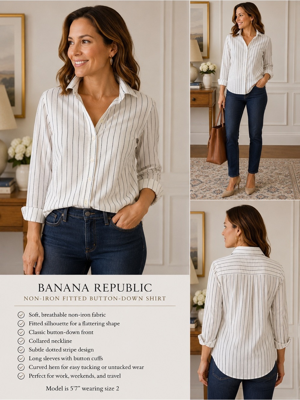 Banana Republic Non-Iron Fitted White Black Dot Stripe Button-Up Blouse Size 2
